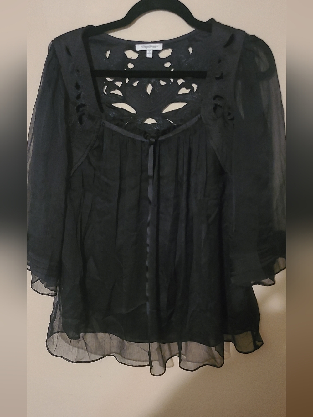 Mystree Women’s Black Sheer Peasant Blouse - Lightweight Boho Top Size L